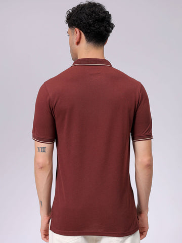 Men's Brown Slim Fit Solid Polo Collar T-shirt