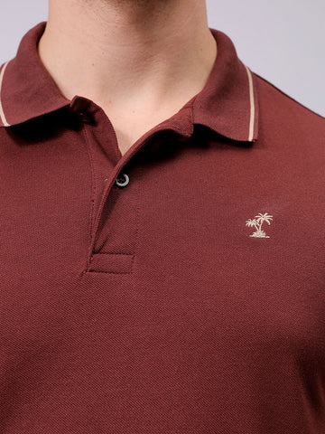 Men's Brown Slim Fit Solid Polo Collar T-shirt