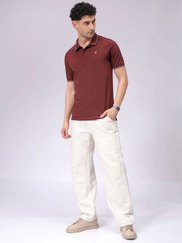 Men's Brown Slim Fit Solid Polo Collar T-shirt