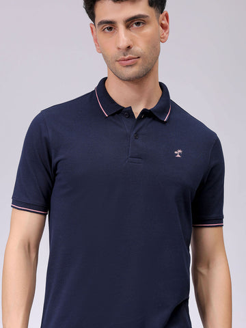 Men's Navy Slim Fit Solid Polo Collar T-shirt - Main Image
