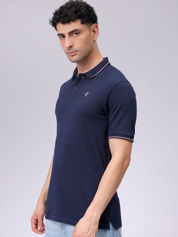 Men's Navy Slim Fit Solid Polo Collar T-shirt