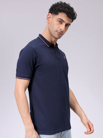 Men's Navy Slim Fit Solid Polo Collar T-shirt