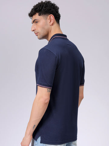 Men's Navy Slim Fit Solid Polo Collar T-shirt