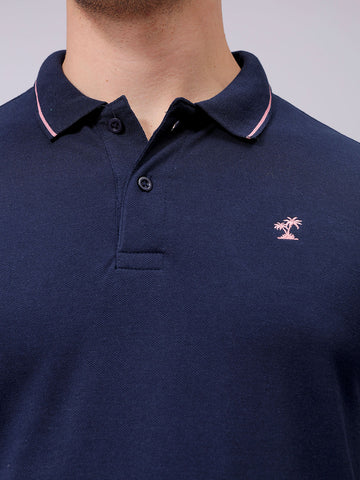 Men's Navy Slim Fit Solid Polo Collar T-shirt