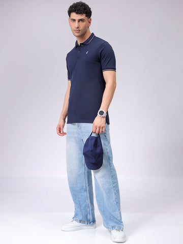 Men's Navy Slim Fit Solid Polo Collar T-shirt