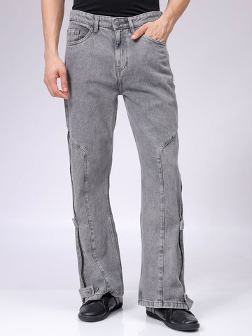Men's Grey Bootcut Loose Fit Solid Mid-Rise Jeans