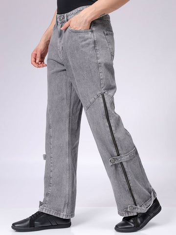 Men's Grey Bootcut Loose Fit Solid Mid-Rise Jeans