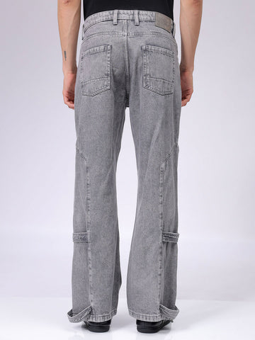 Men's Grey Bootcut Loose Fit Solid Mid-Rise Jeans