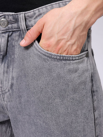 Men's Grey Bootcut Loose Fit Solid Mid-Rise Jeans