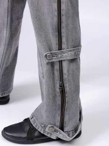 Men's Grey Bootcut Loose Fit Solid Mid-Rise Jeans