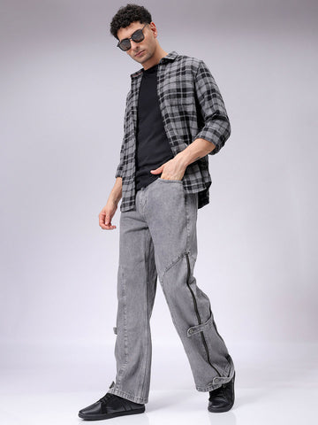 Men's Grey Bootcut Loose Fit Solid Mid-Rise Jeans