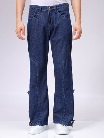 Men's Blue Bootcut Loose Fit Solid Mid-Rise Jeans