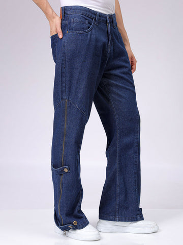 Men's Blue Bootcut Loose Fit Solid Mid-Rise Jeans