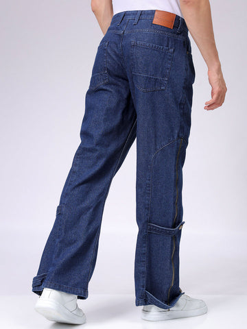 Men's Blue Bootcut Loose Fit Solid Mid-Rise Jeans