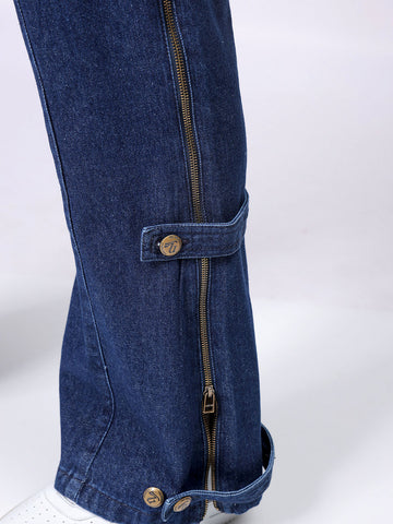 Men's Blue Bootcut Loose Fit Solid Mid-Rise Jeans