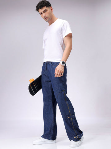 Men's Blue Bootcut Loose Fit Solid Mid-Rise Jeans
