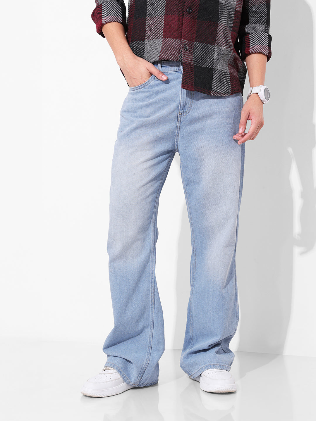 Men's Blue Bootcut Loose Fit Solid Mid-Rise Jeans