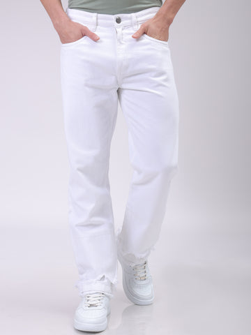 Men's White Vintage Straight Fit Solid Mid-Rise Jeans