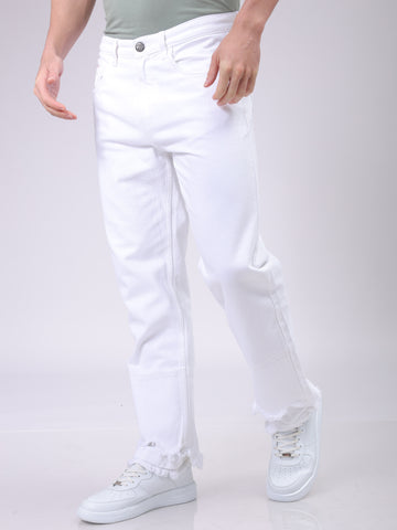 Men's White Vintage Straight Fit Solid Mid-Rise Jeans
