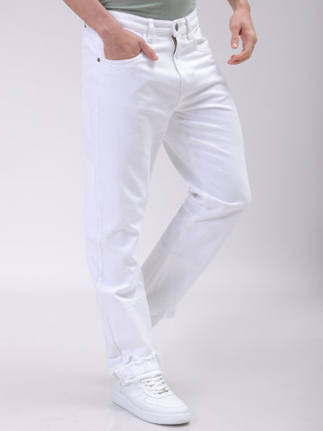Men's White Vintage Straight Fit Solid Mid-Rise Jeans