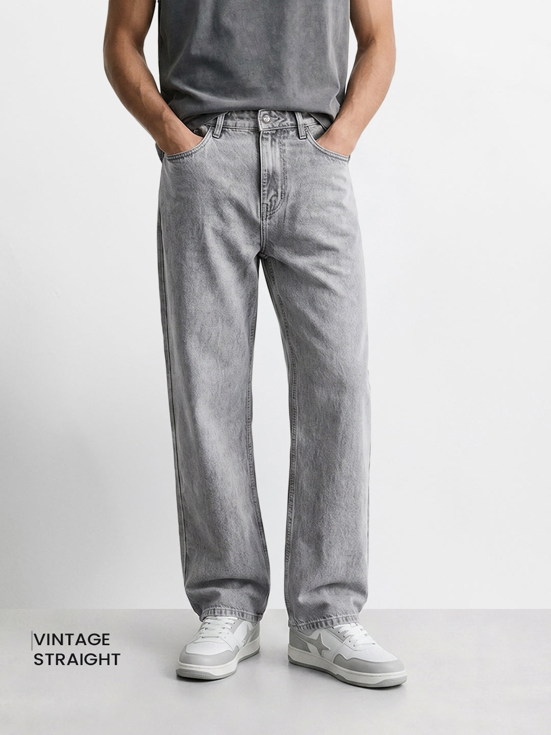 Men's Light Grey Regular Fit Solid Casual Jeans