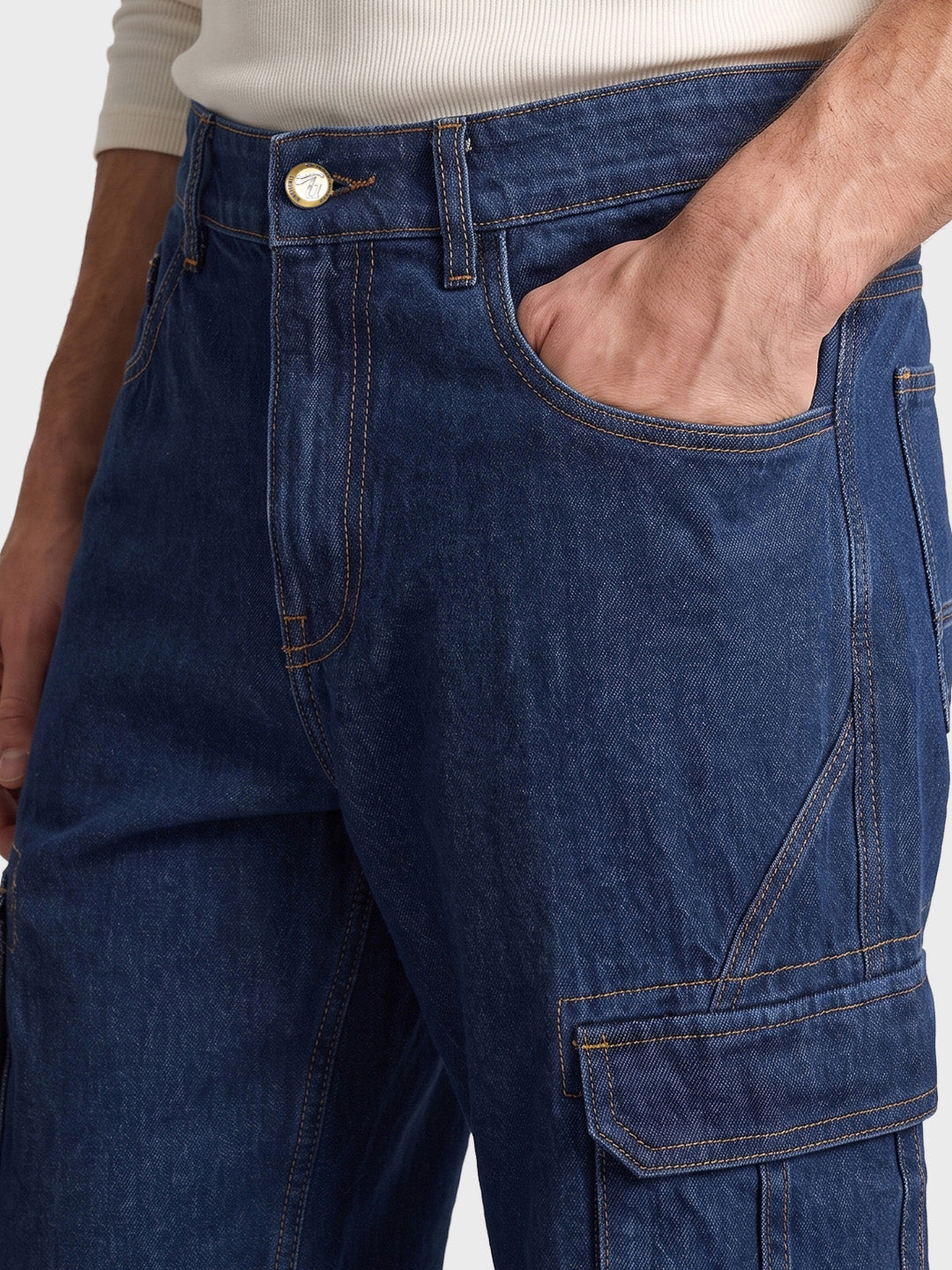 Men's Navy Blue Relaxed Fit Solid Utility Jeans