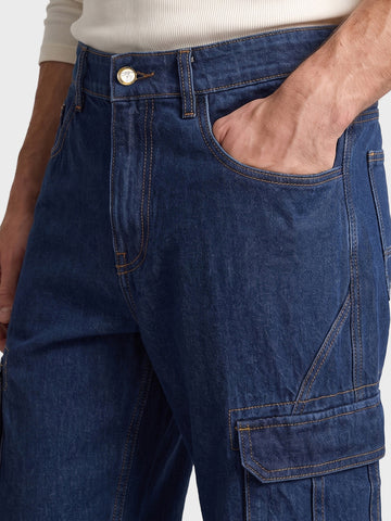 Men's Navy Blue Relaxed Fit Solid Utility Jeans