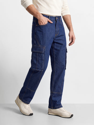 Men's Navy Blue Relaxed Fit Solid Utility Jeans