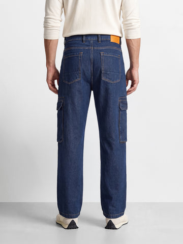 Men's Navy Blue Relaxed Fit Solid Utility Jeans