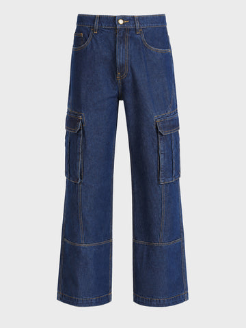 Men's Navy Blue Relaxed Fit Solid Utility Jeans