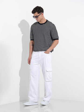 Men's White Relaxed Fit Solid Utility Jeans