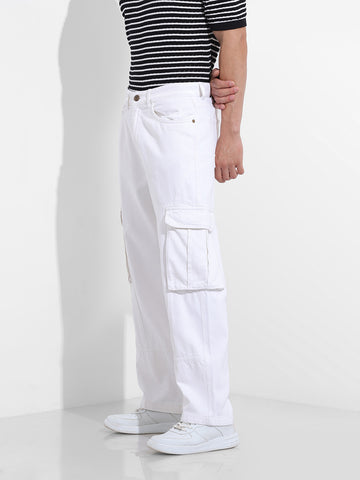 Men's White Relaxed Fit Solid Utility Jeans