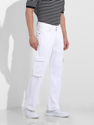 Men's White Relaxed Fit Solid Utility Jeans