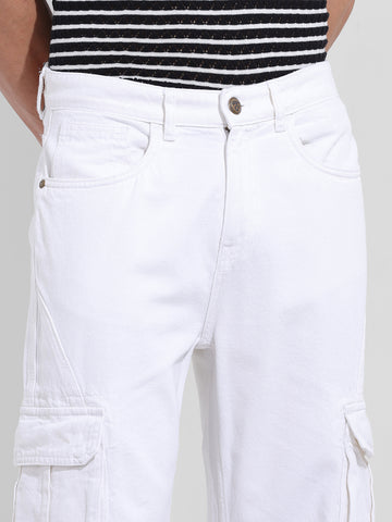 Men's White Relaxed Fit Solid Utility Jeans