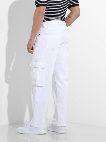 Men's White Relaxed Fit Solid Utility Jeans