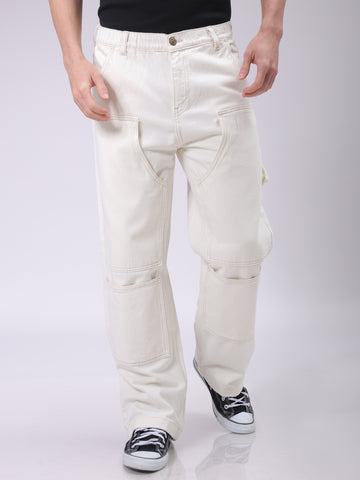 Men's White Relaxed Fit Solid Mid-Rise Loose Baggy Carpenter Denim