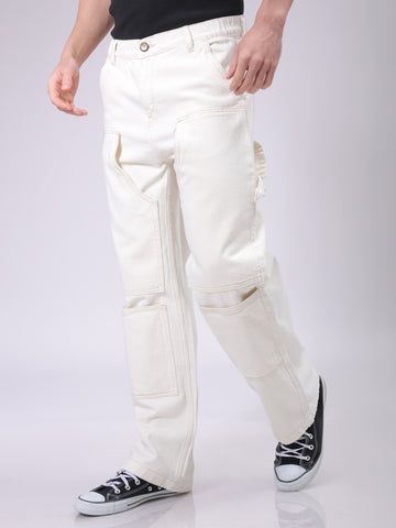 Men's White Relaxed Fit Solid Mid-Rise Loose Baggy Carpenter Denim