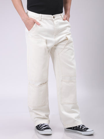 Men's White Relaxed Fit Solid Mid-Rise Loose Baggy Carpenter Denim