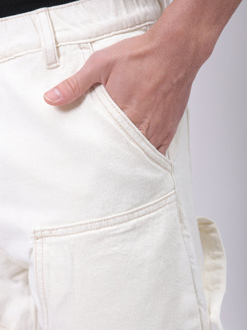 Men's White Relaxed Fit Solid Mid-Rise Loose Baggy Carpenter Denim