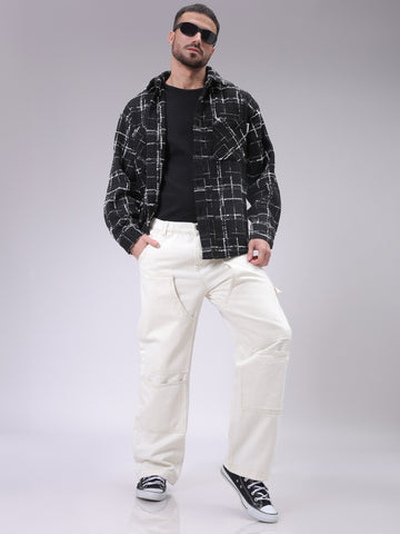 Men's White Relaxed Fit Solid Mid-Rise Loose Baggy Carpenter Denim