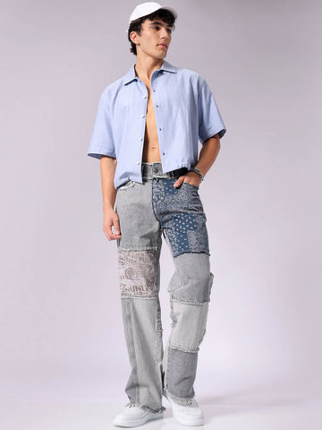 Men's Grey Relaxed Fit Colorblocked Mid-Rise Loose Baggy