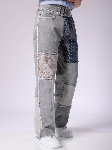 Men's Grey Relaxed Fit Colorblocked Mid-Rise Loose Baggy