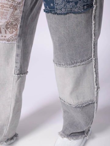 Men's Grey Relaxed Fit Colorblocked Mid-Rise Loose Baggy