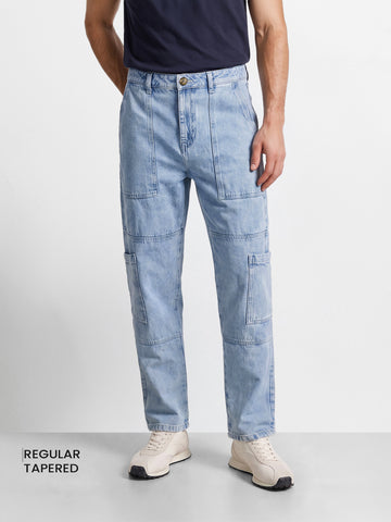 Men's Blue Regular Tapered Fit Solid Utility Jeans