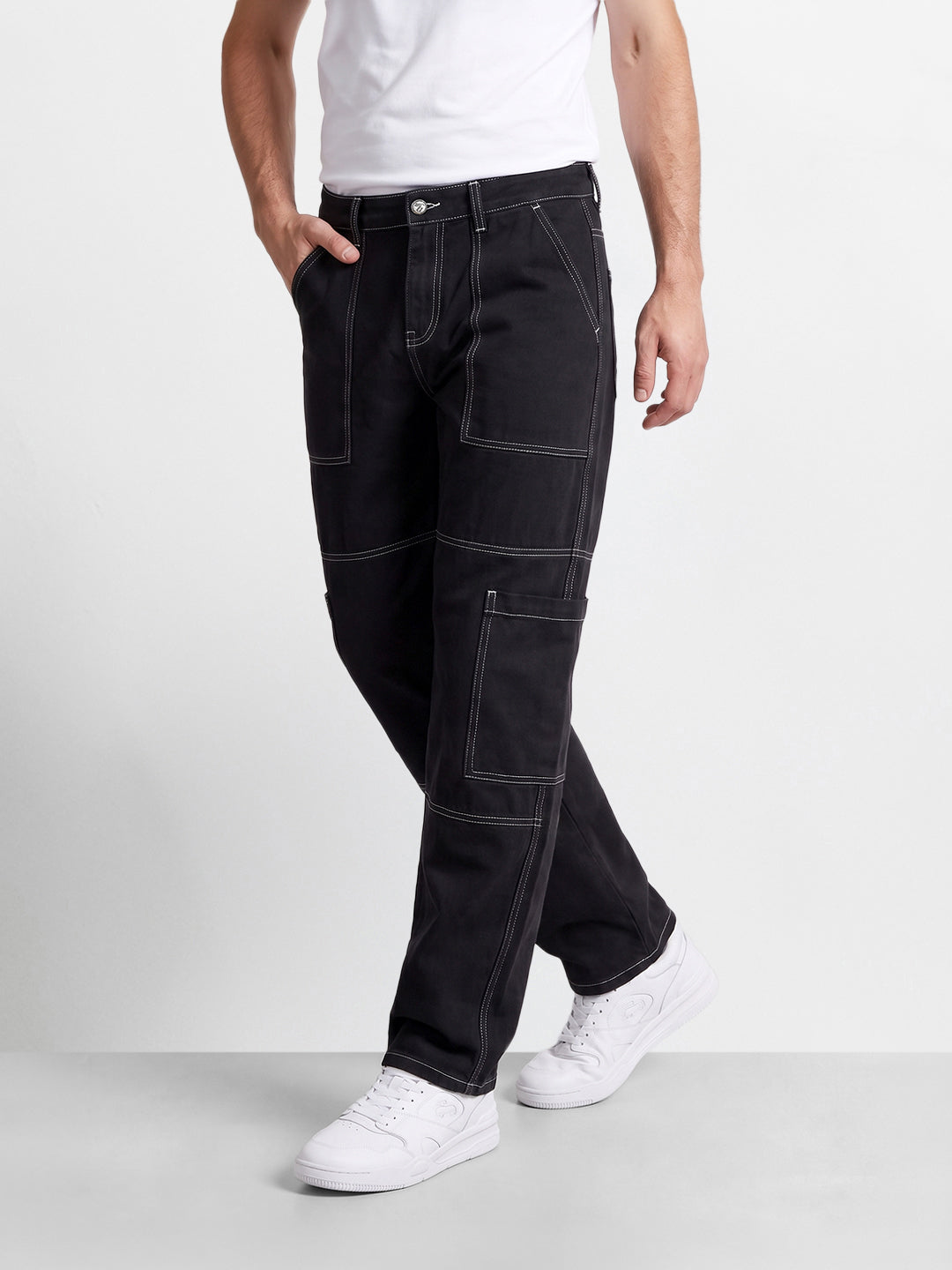 Men's Black Relaxed Fit Solid Casual Jeans