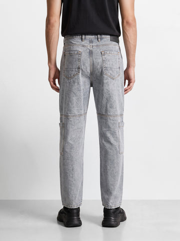 Men's Grey Regular Tapered Fit Solid Utility Jeans