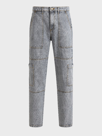 Men's Grey Regular Tapered Fit Solid Utility Jeans