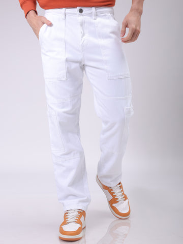 Men's White Dad Fit Solid Mid-Rise Jeans