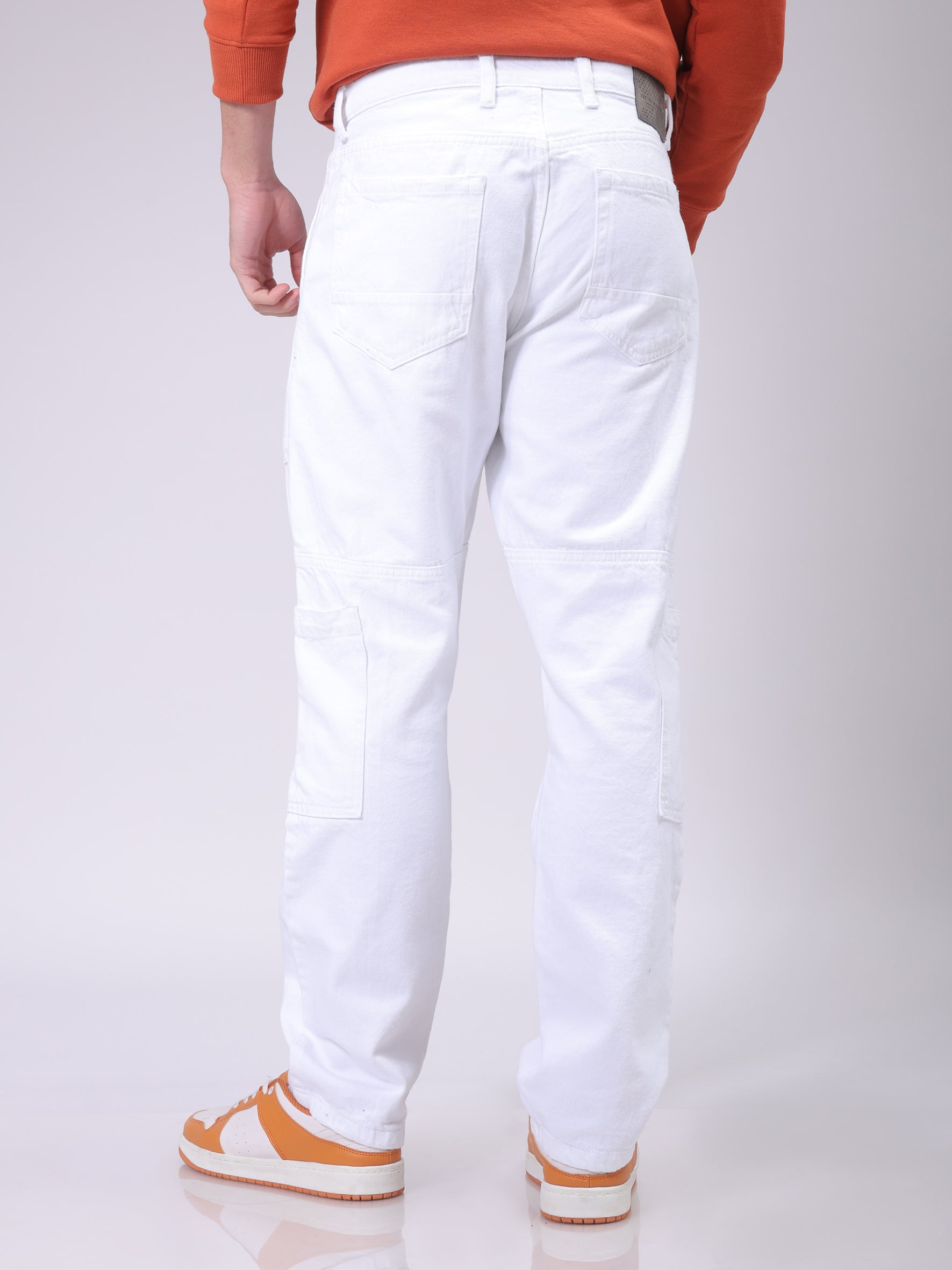 Men's White Dad Fit Solid Utility Cargo Jeans