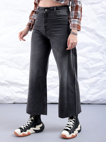 Women's Grey Bootcut Solid High Rise Clean Look Jeans